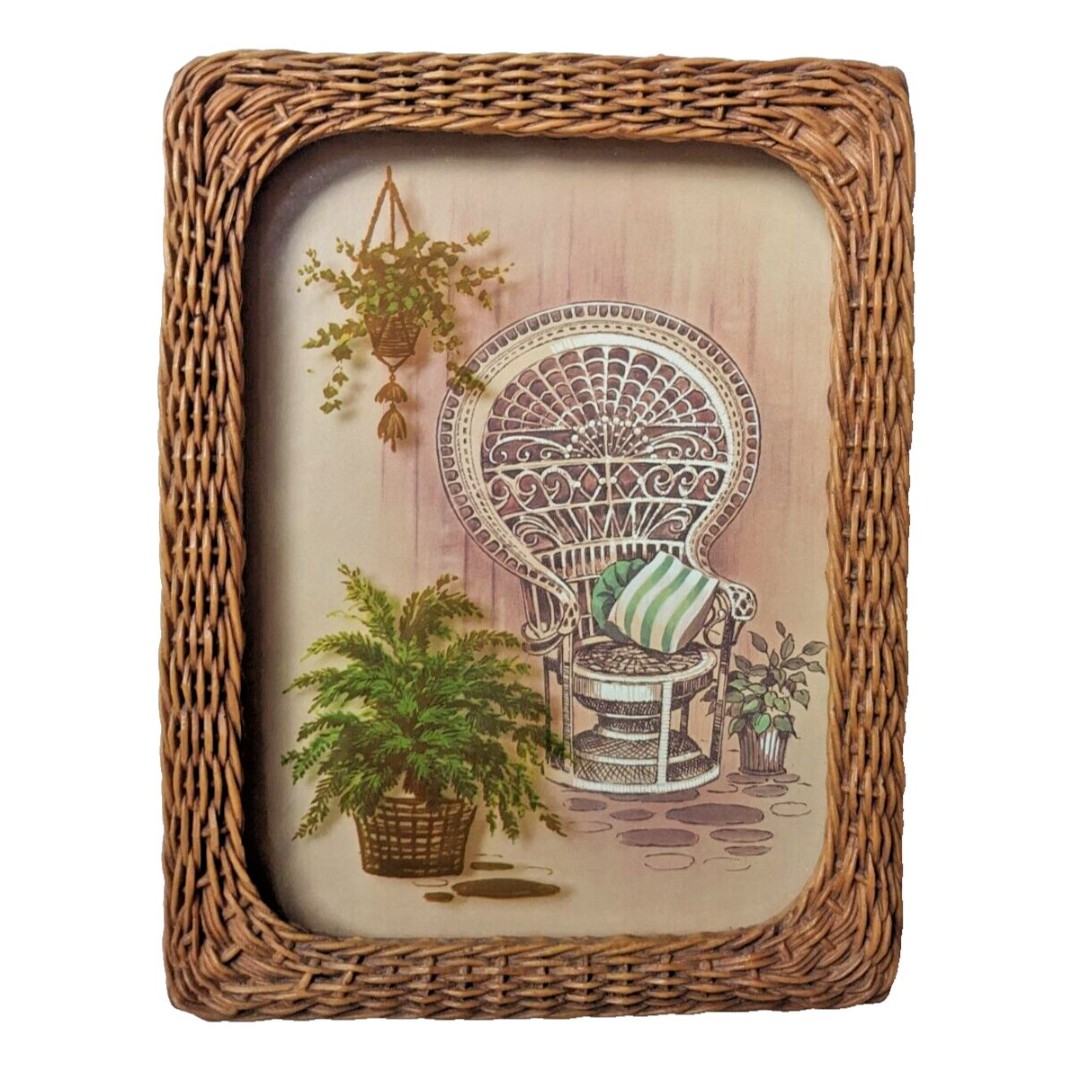 Vintage 70s Boho Style Wall Hanging Peacock Chair House Plants Faux Rattan Frame