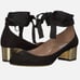 Tabitha Simmons Chloe black pump with gold heel & wrap around ankle ribbon