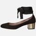 Tabitha Simmons Chloe black pump with gold heel & wrap around ankle ribbon