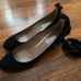 Tabitha Simmons Chloe black pump with gold heel & wrap around ankle ribbon