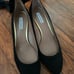 Tabitha Simmons Chloe black pump with gold heel & wrap around ankle ribbon