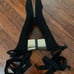 Tabitha Simmons Chloe black pump with gold heel & wrap around ankle ribbon