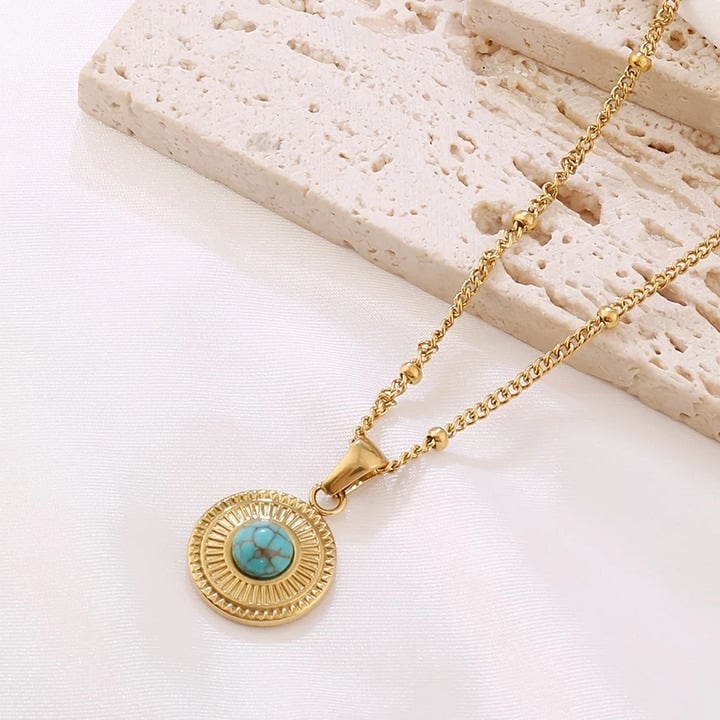 14K Gold Womens Round Turquoise Pendant Necklace Ladies New 14 K Silver Jewelry