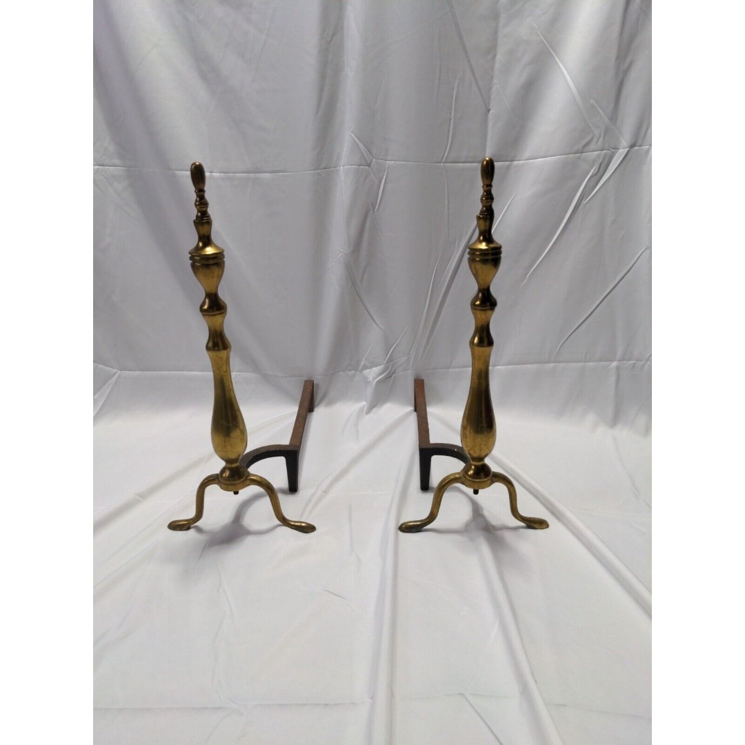 Vintage Cast Brass Retro Queen Anne Victorian Style 19.5 Fireplace Andirons Set