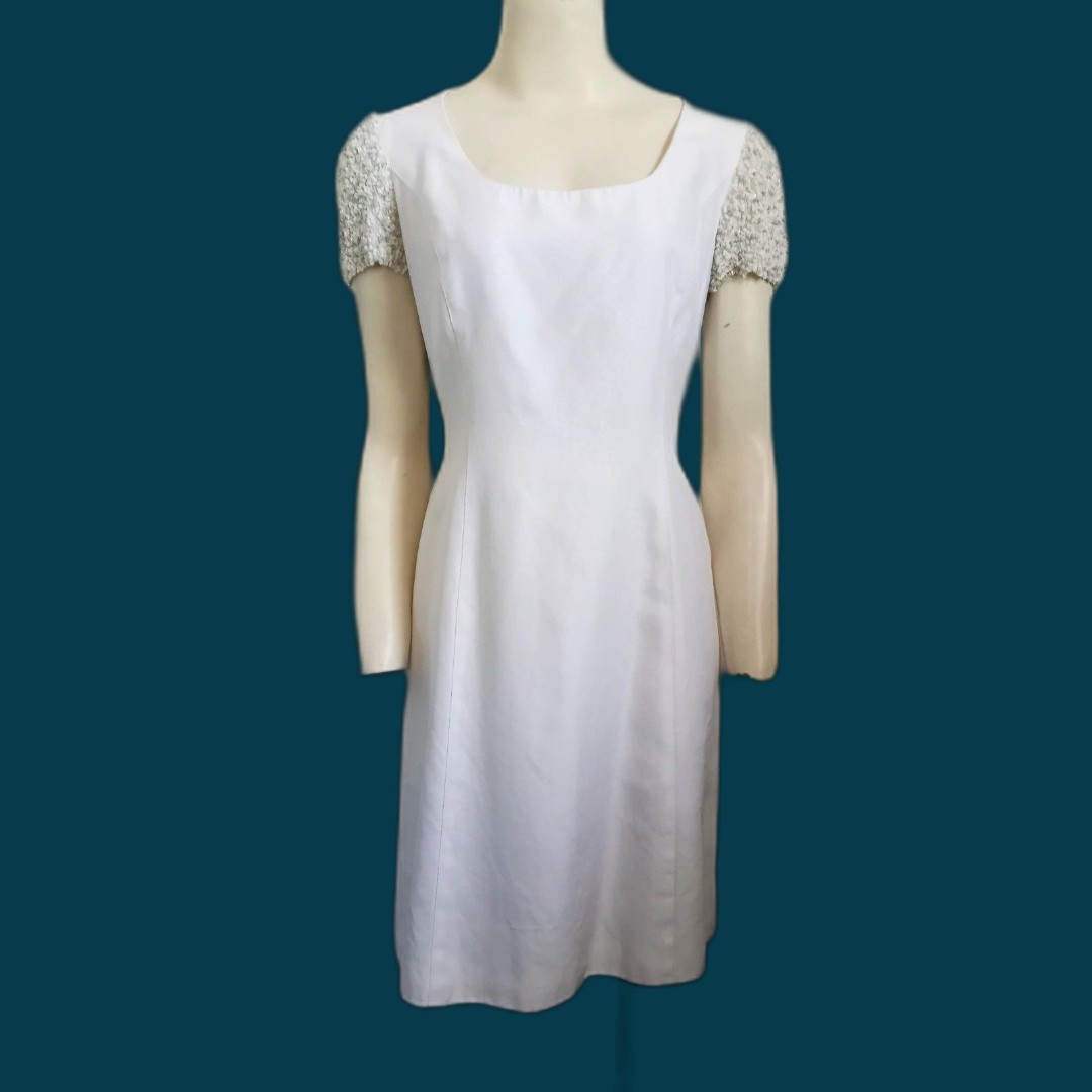 White Dress ITALY Embellished Short Sleeve Raw Silk Cotton Lined Knee Wedding S