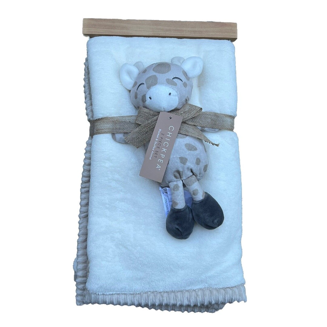 Chick Pea Baby Blanket Set Sherpa Reverse Giraffe Soft Toy Baby Gift Ribbed Trim