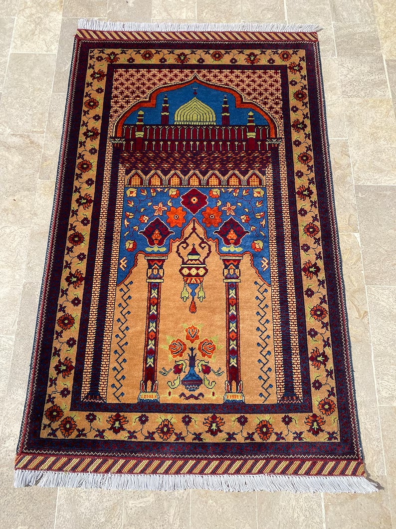 Elegant Afghani Handmade Prayer Rug - Belgic Wool 4.4x2.8 ft - Spiritual Serenit