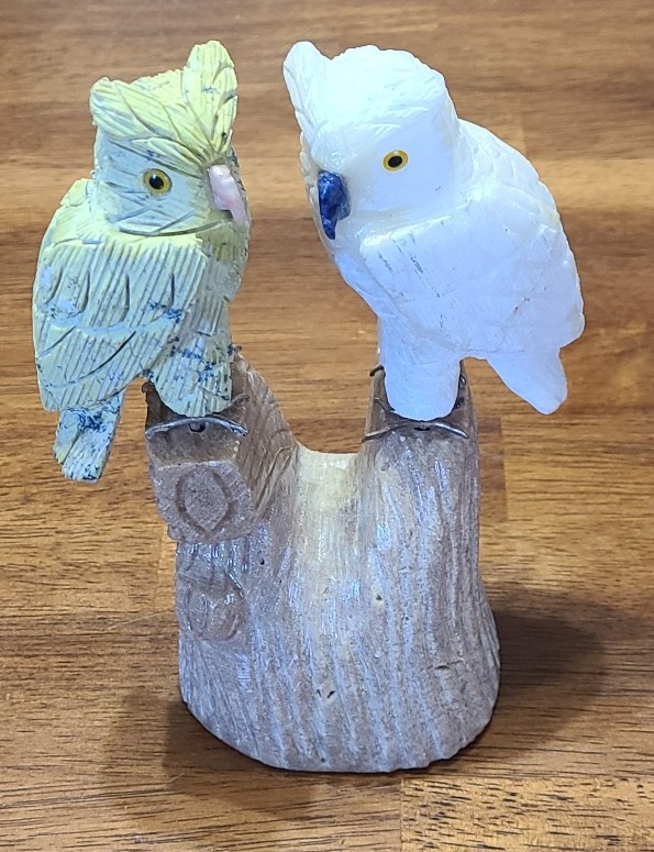 Carved white onyx & green serpentine owl sculpture