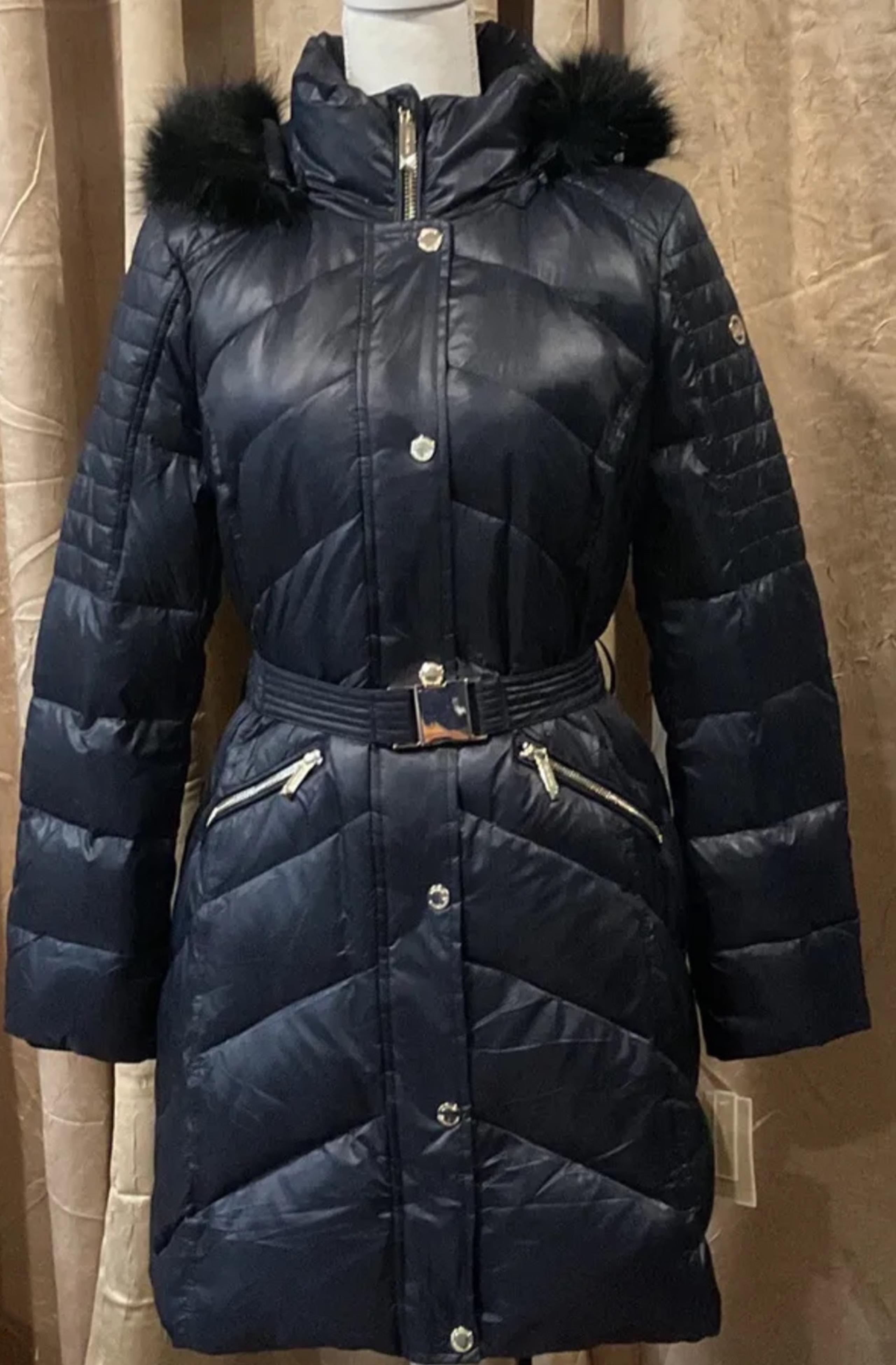 Michael Kors Woman Belted Faux Fur Trim Hooded Down Puffer Navy Jacket Coat Sz M
