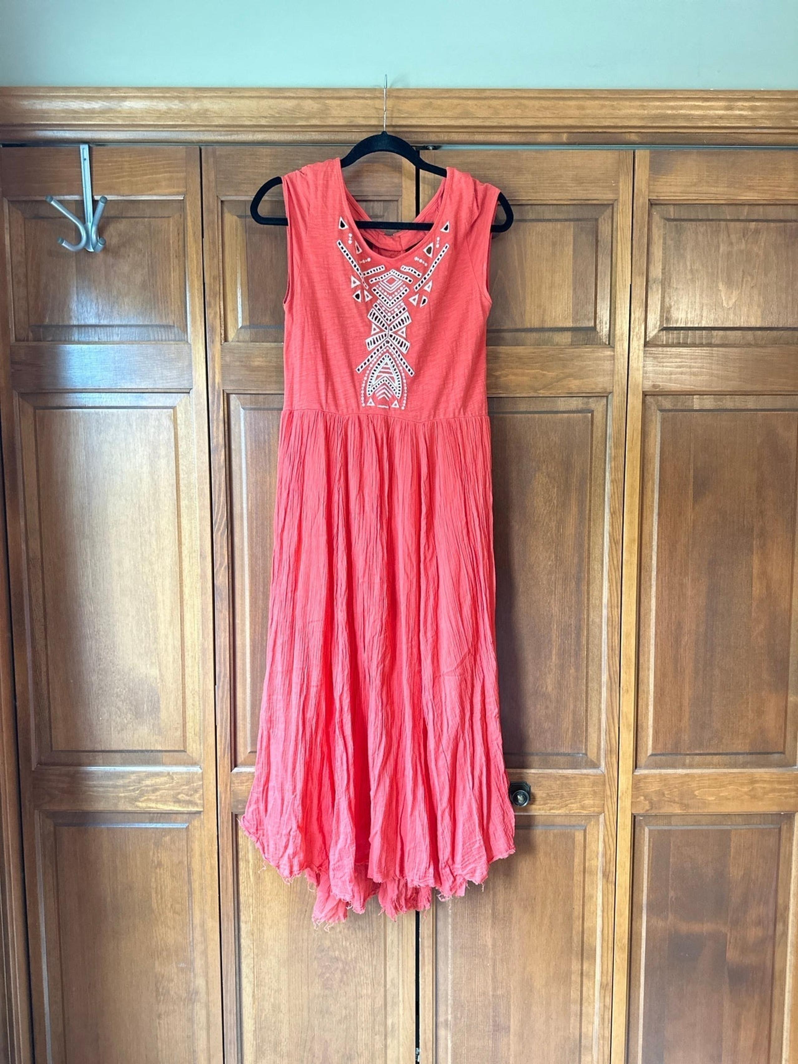 Free People orange festival dress with cream geometric cutouts Size M
