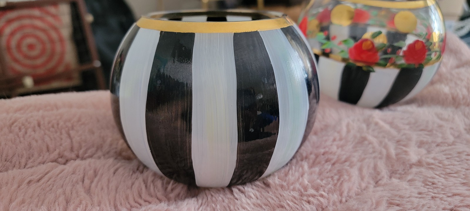 MACKENZIE CHILDS glass bowl/vase handpainted courtly stripe
