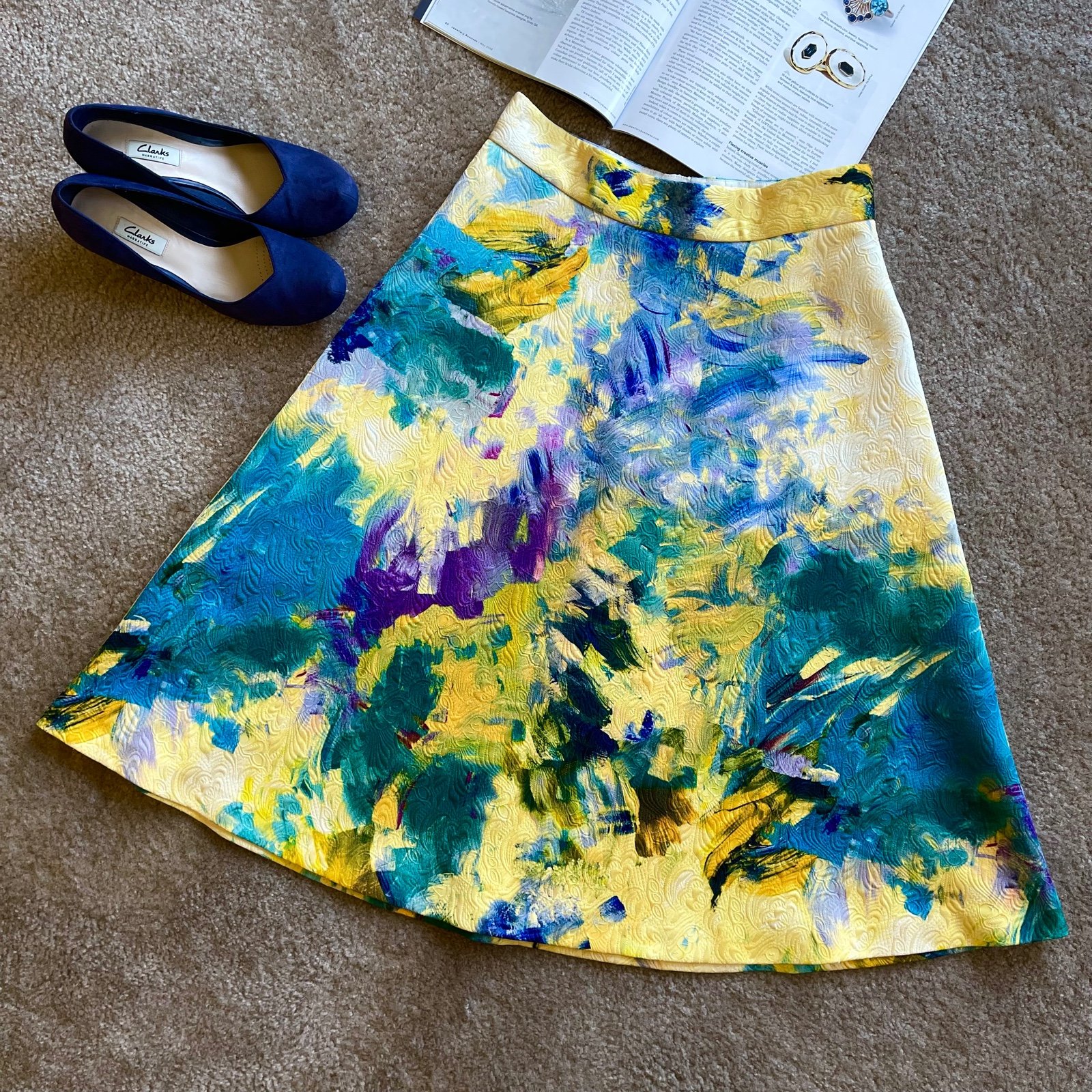 H&M Textured Abstract Impressionism Oil Painting Yellow Patterned Midi Art Skirt