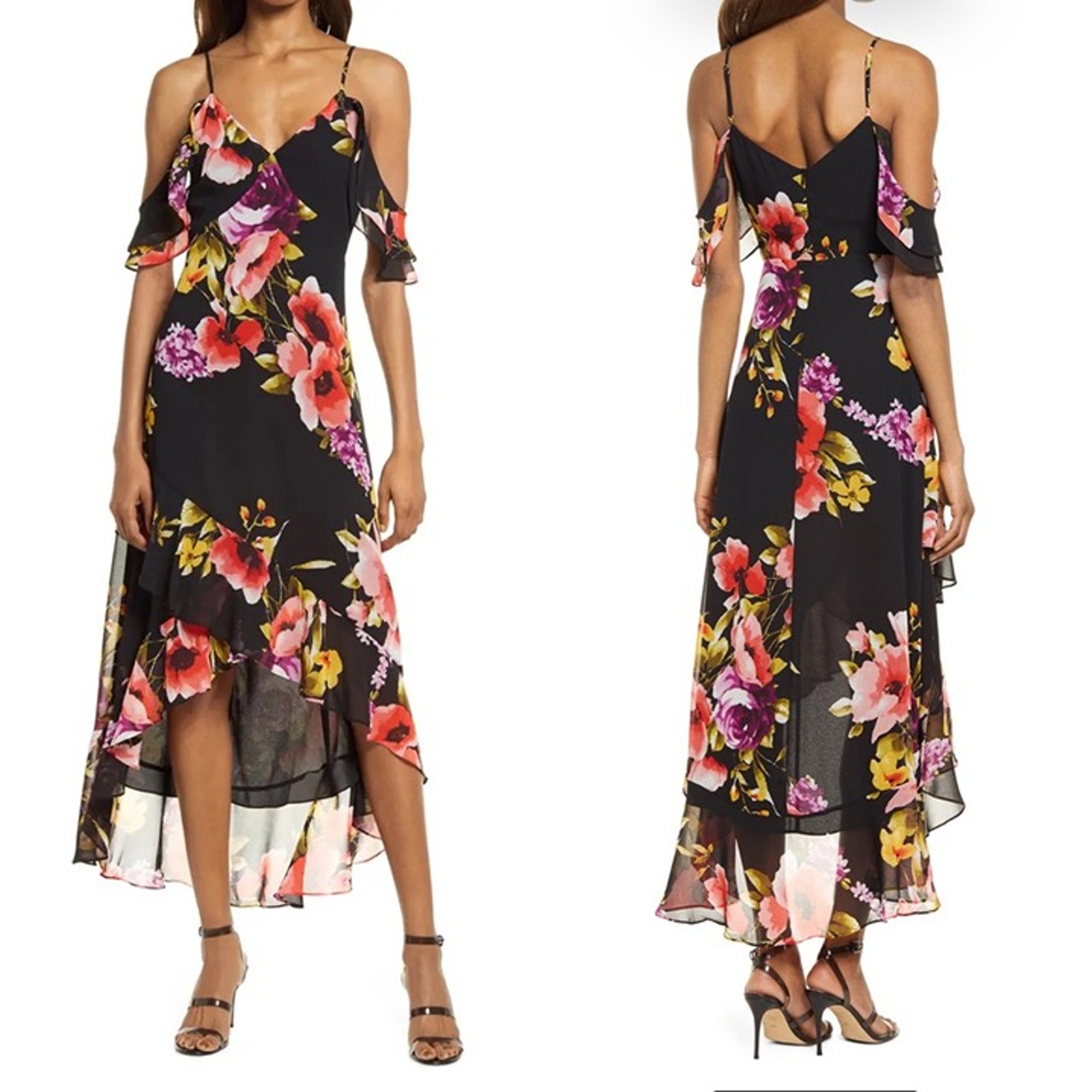 NWT Lulus Love In Bloom Cold Shoulder High-Low Floral Midi Dress Black Size XS