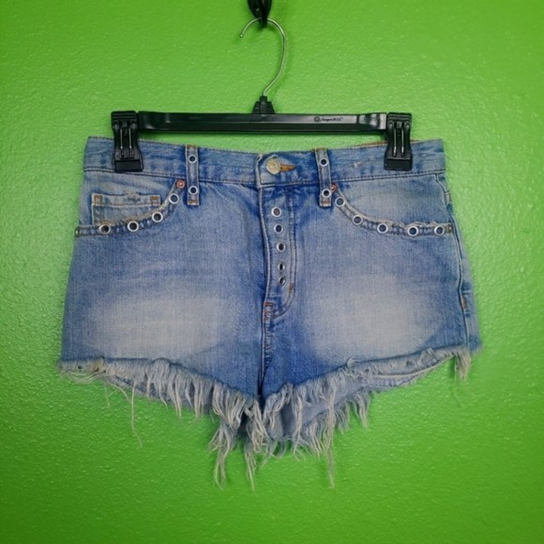 Free People Rivet Denim Button Fly Cut Off Frayed shorts waist size 25
