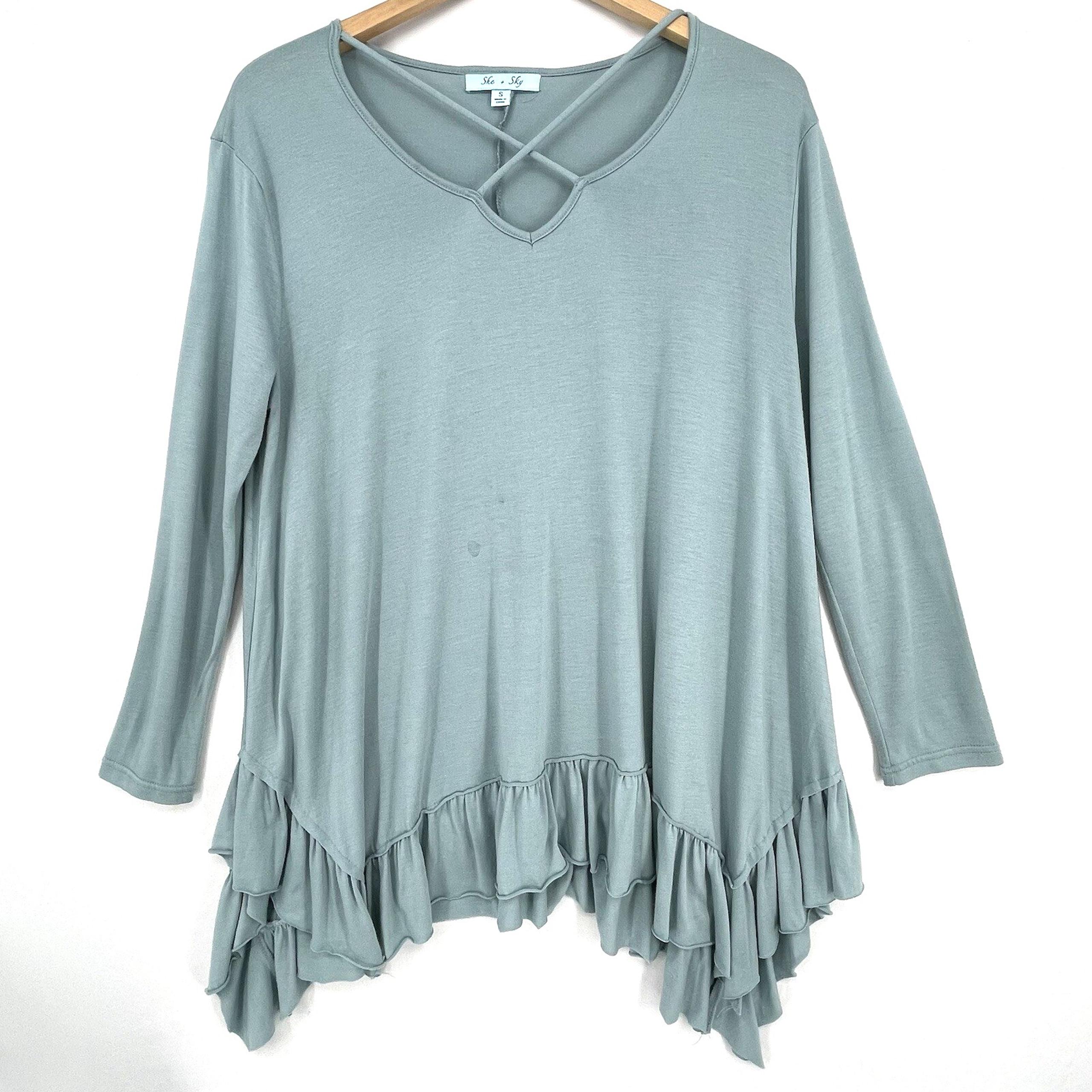 She + Sky Womens Shirt Size Small Blue Ruffle Detail Lightweight Soft Tunic
