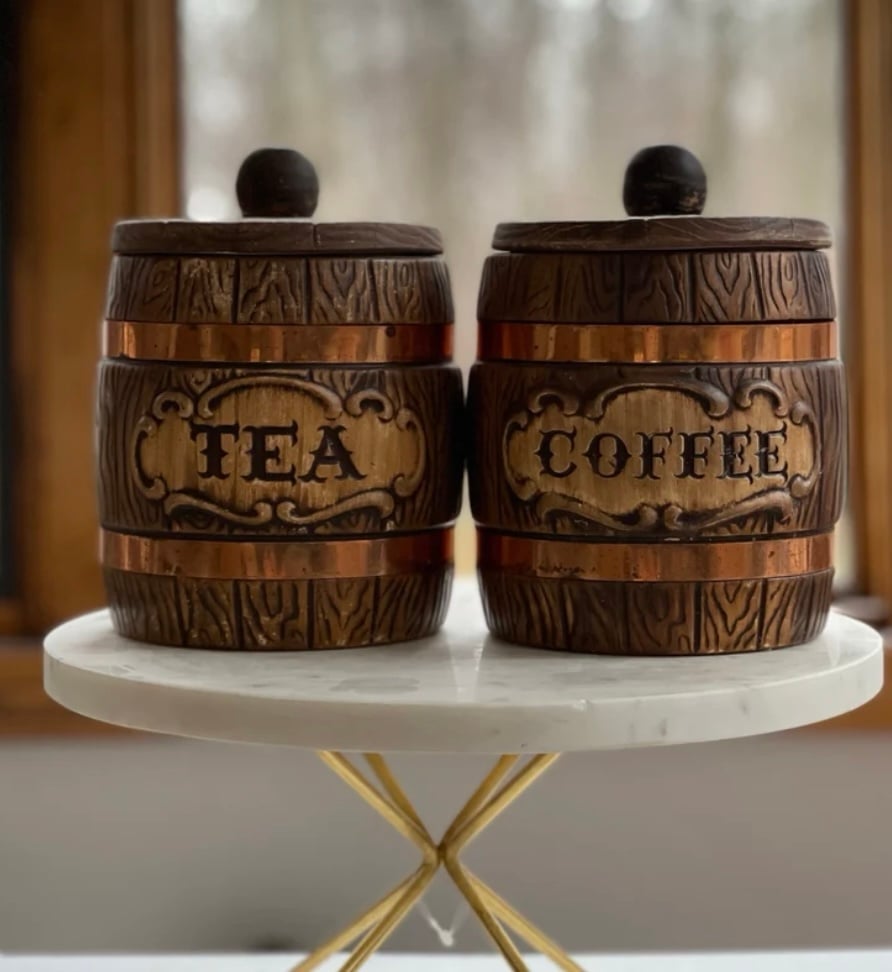 Vintage 1960s Treasure Craft Barrel Coffee and Tea Jar Canister Set