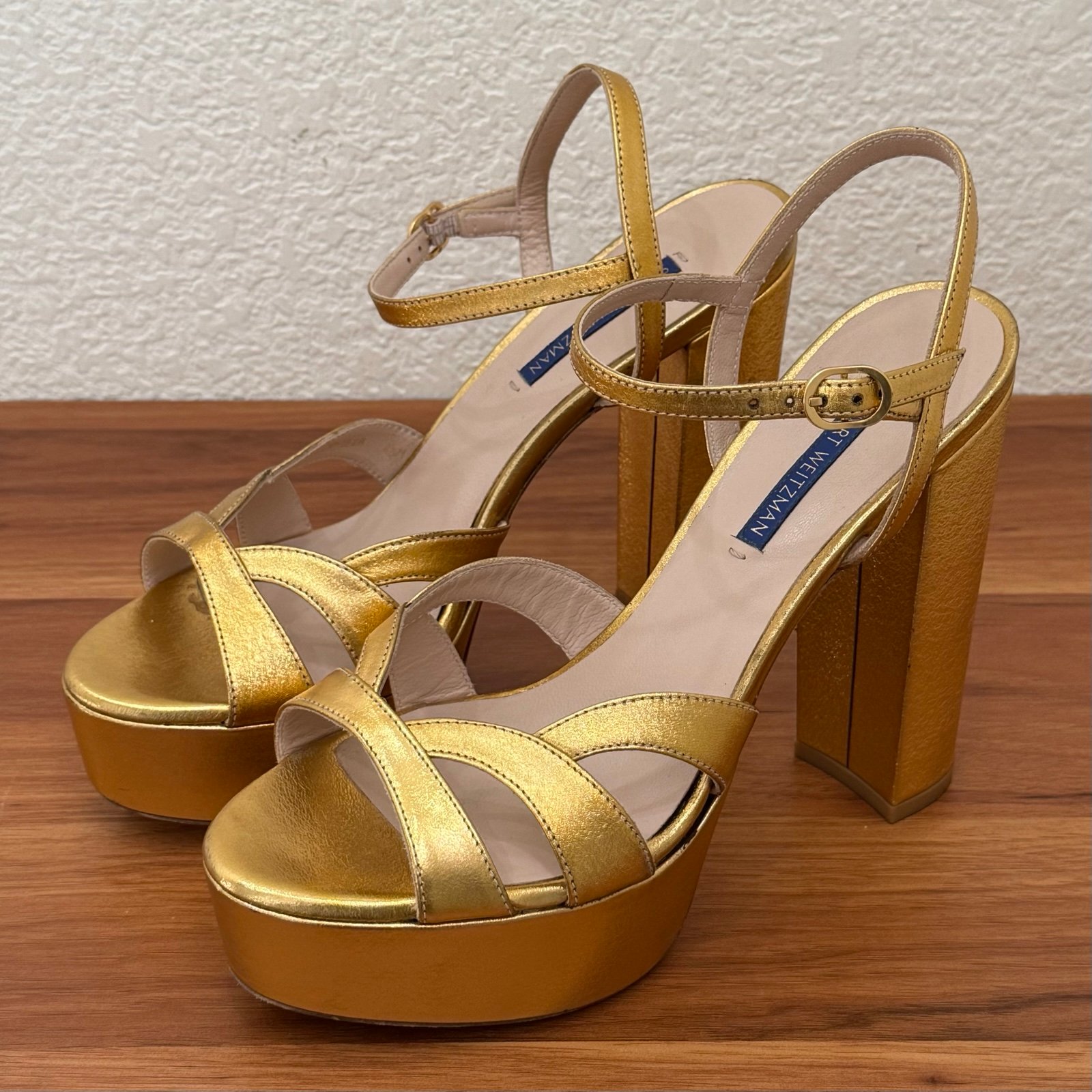 STUART WEITZMAN Metallic Gold Platform High Heels Ankle Strap Sandals Size 8.5