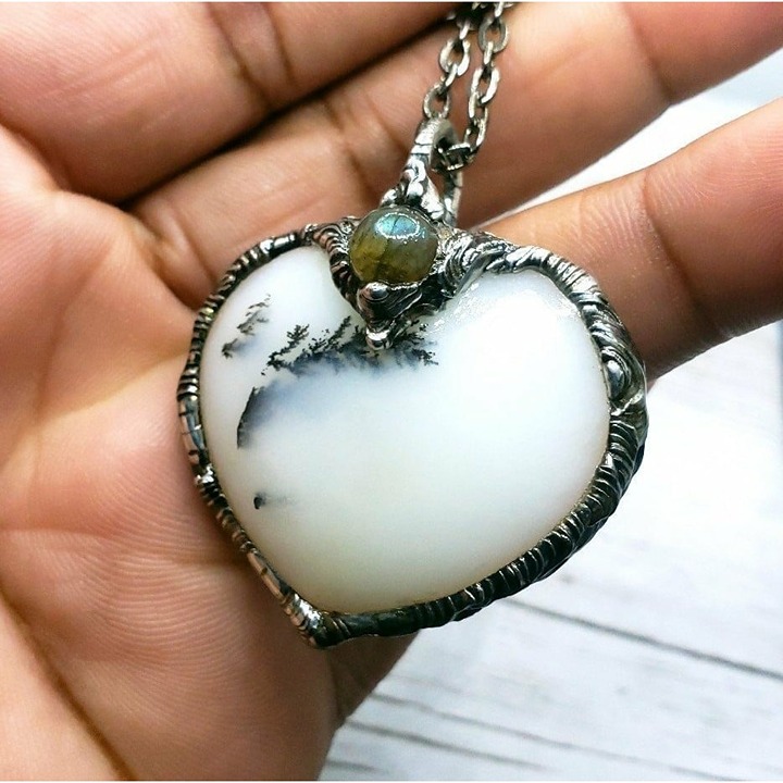 Dendritic opal heart and labradorite crystal necklace handmade gothic fantasy