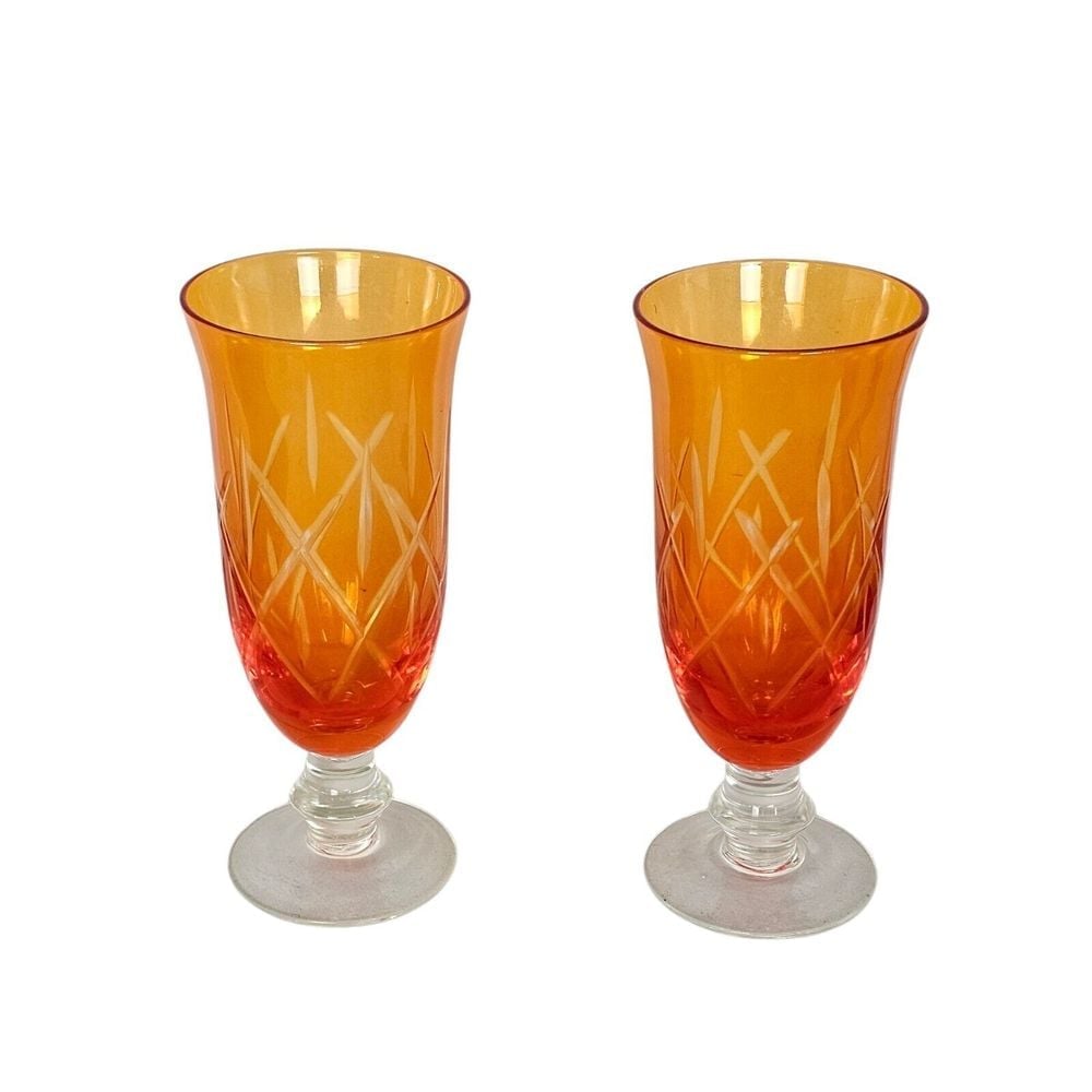 Set of 2 Vintage Orange Etched 6 Iced Tea Water Glass Goblets RARE