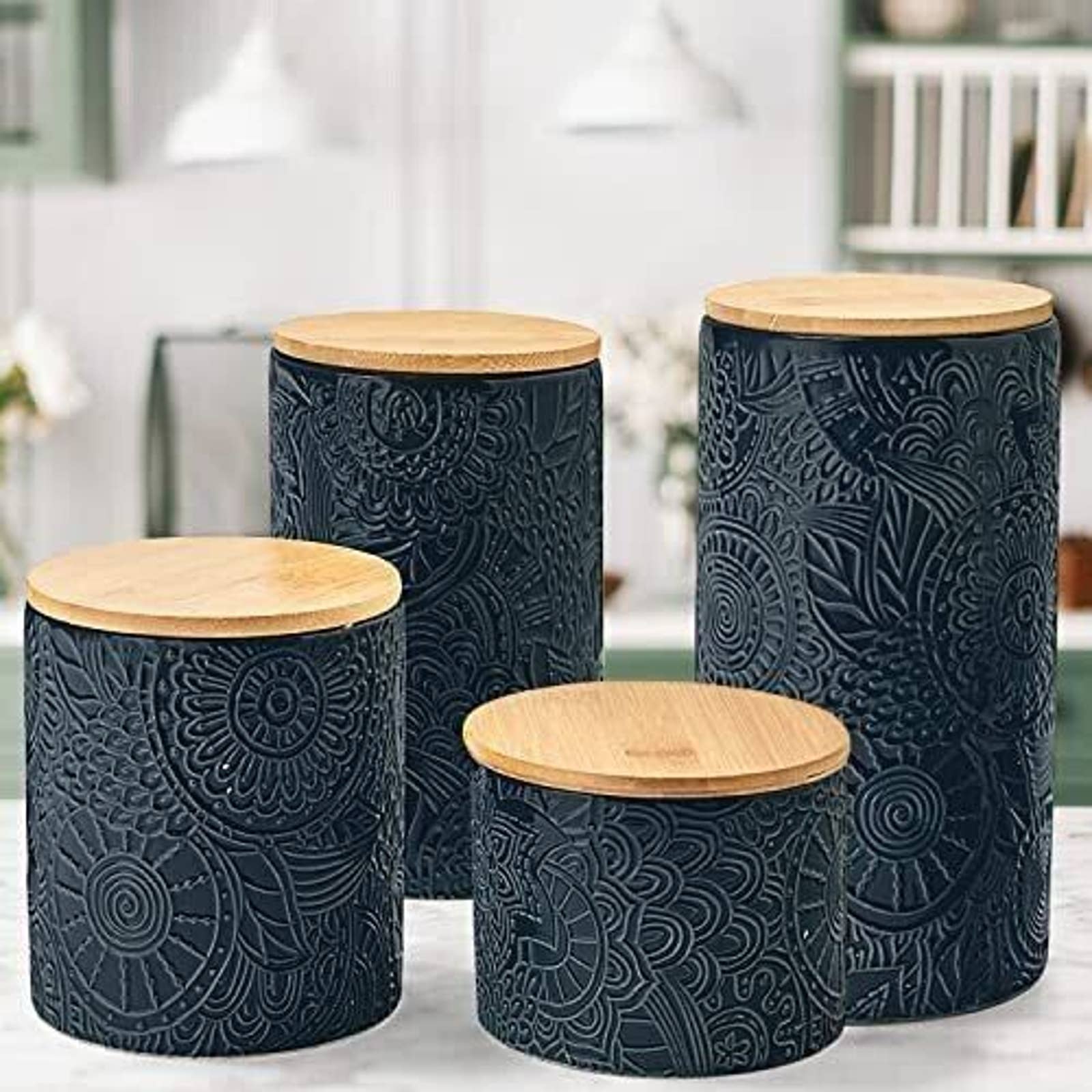 Embossed Canister 4piece Ceramic Set Jar Container With Wooden Lids Jay Imports