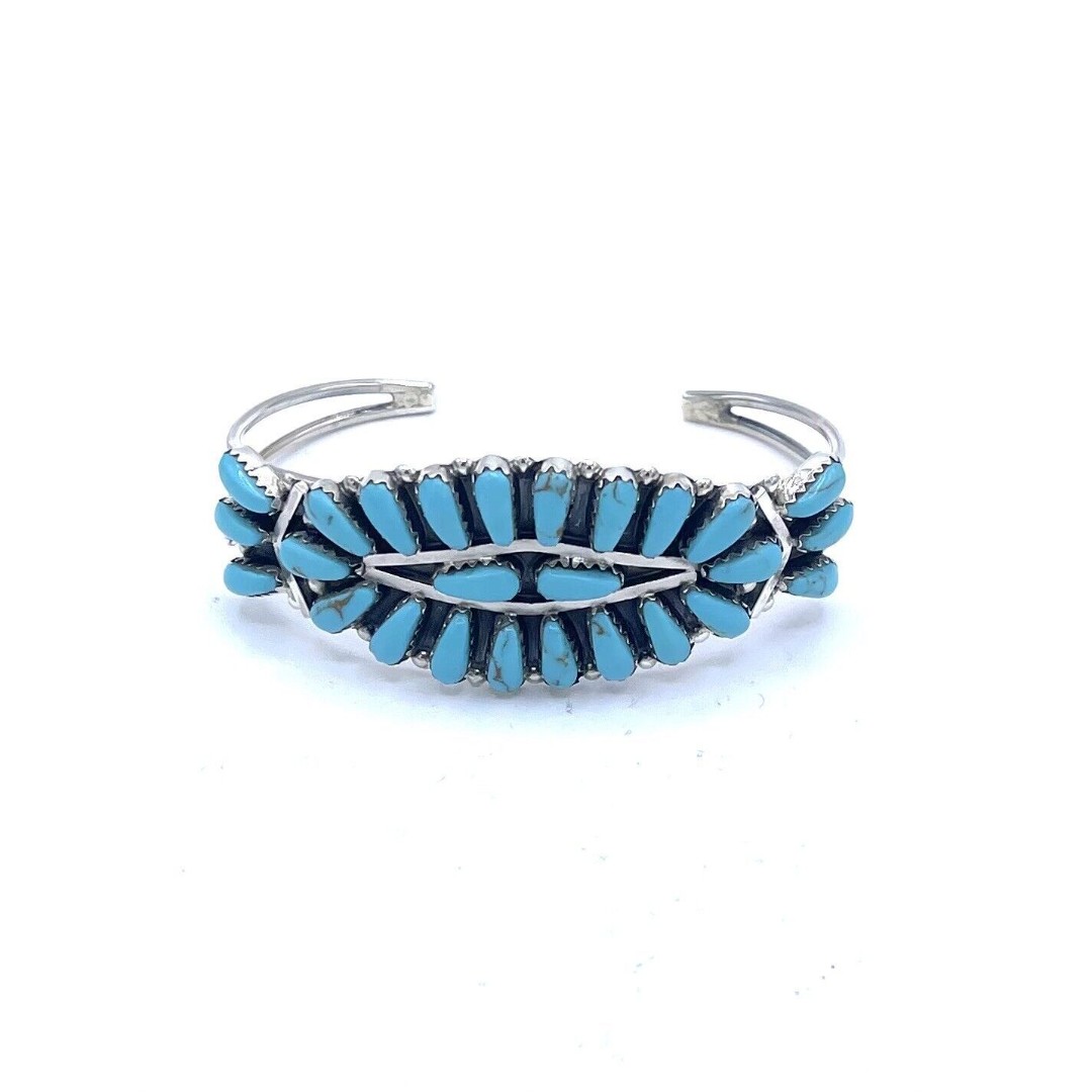 Native American Sterling Silver Handmade Navajo Turquoise Cluster Cuff Bracelet