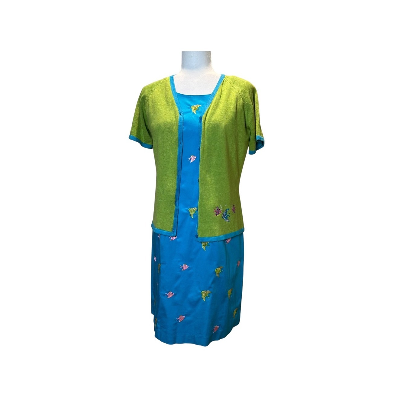 Island Influences Dress & Cardigan Set Embroidered Fish Tropical Green Blue Sz 8