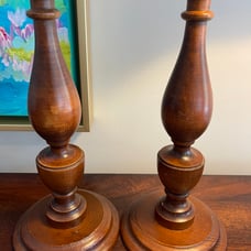 Wood turned candlestick pair-10.5” tall-Colonial-home decor-kitschy-mid century