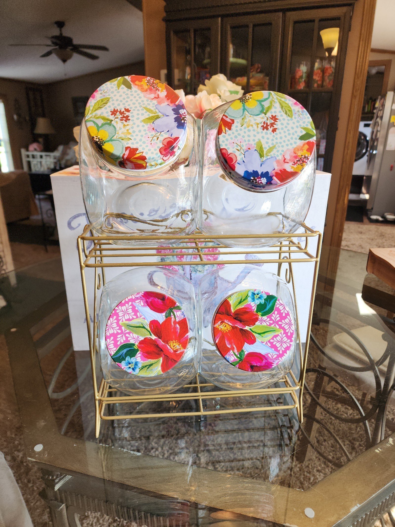 Pioneer Woman 2018 Floral Medley Glass Storage Jars with Metal Rack HTF