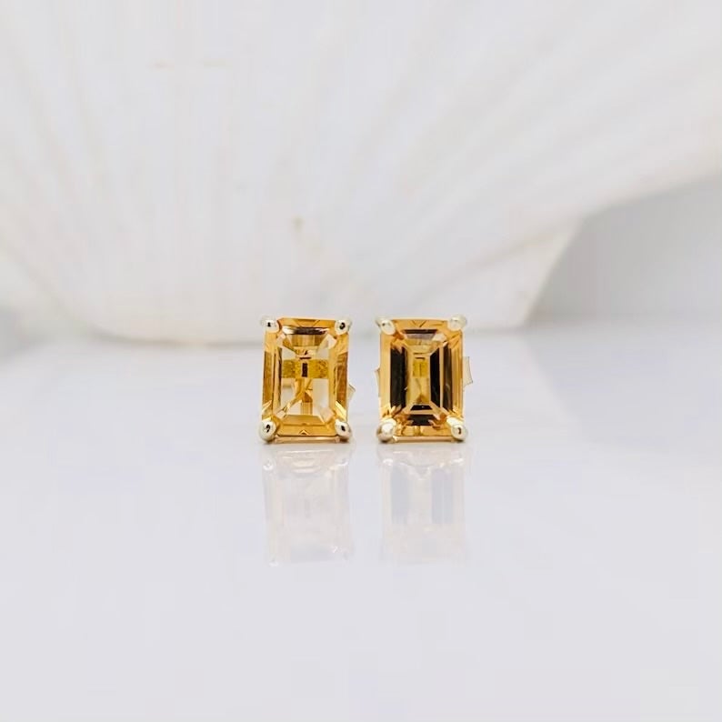 14K Yellow Gold Genuine Citrine (November) Emerald-Cut Stud Earrings, NWT