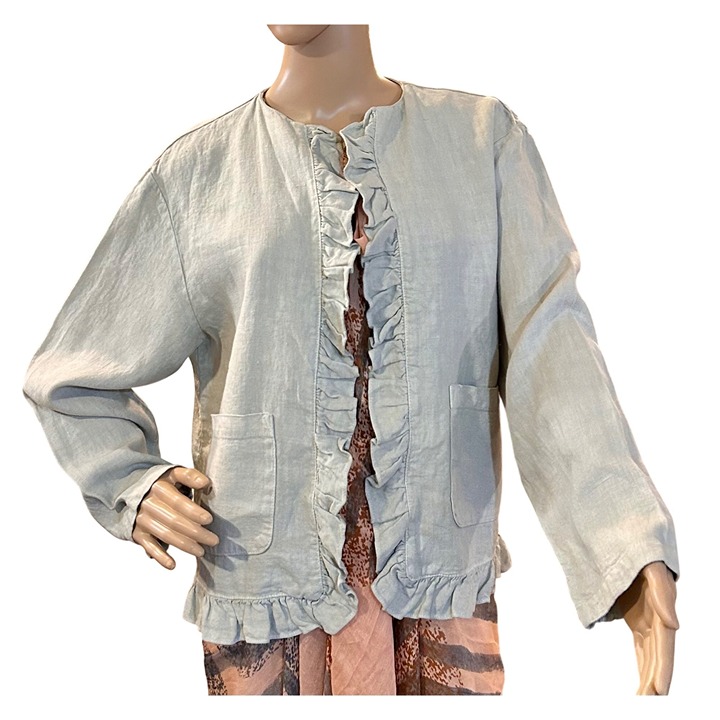 EUC CP Shades Sausalito Pure Irish 100% Linen Ruffle Jacket Relaxed Fit Sage Gre