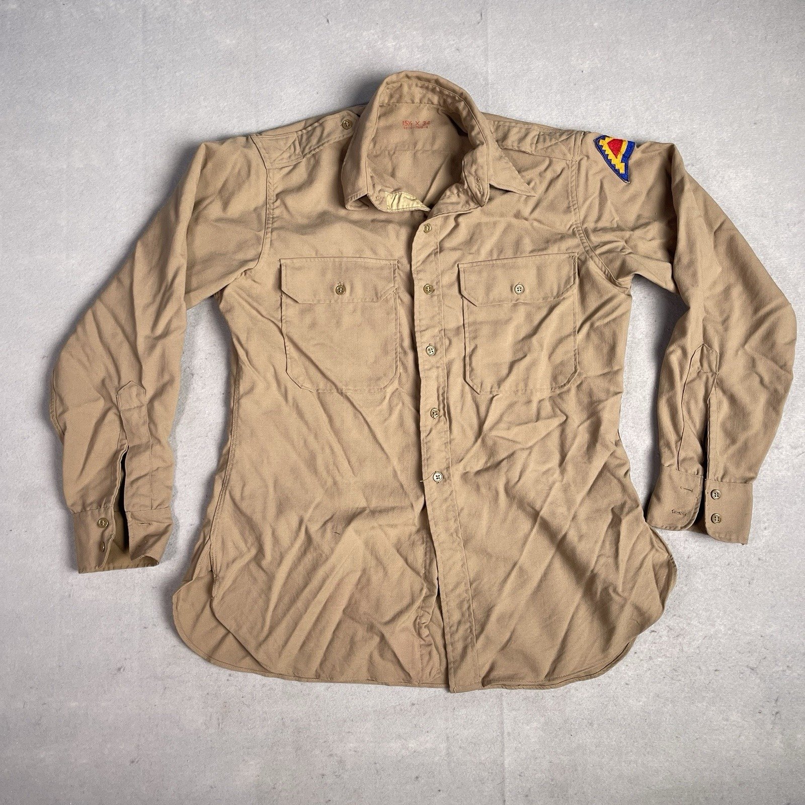 VTG 1940s WWII Khaki Long Sleeve Button Front Shirt Sz 15 US Army 7th Patch