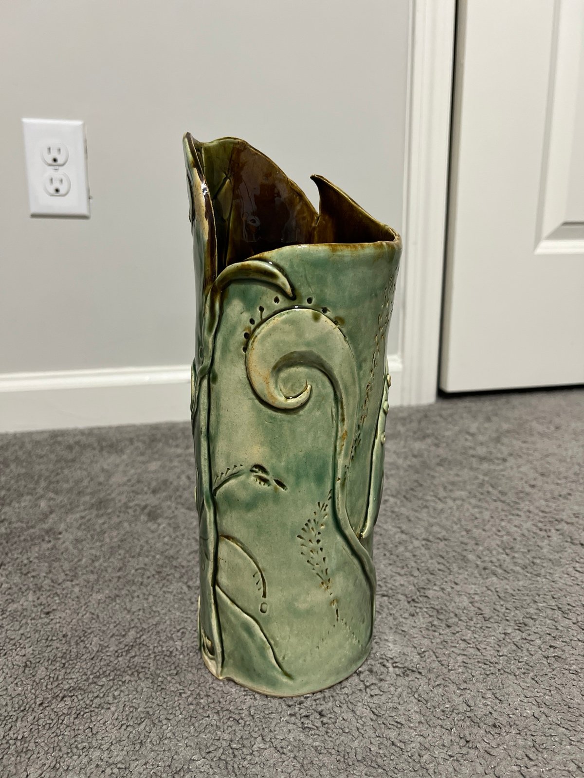 Antique Green Ceramic Pottery Lotus Vase