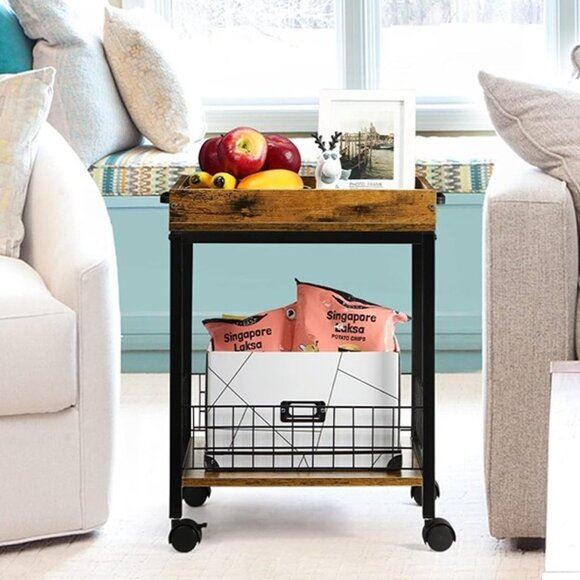 NEW Side Table with Wheels ,End Table with Removable Serving Tray.