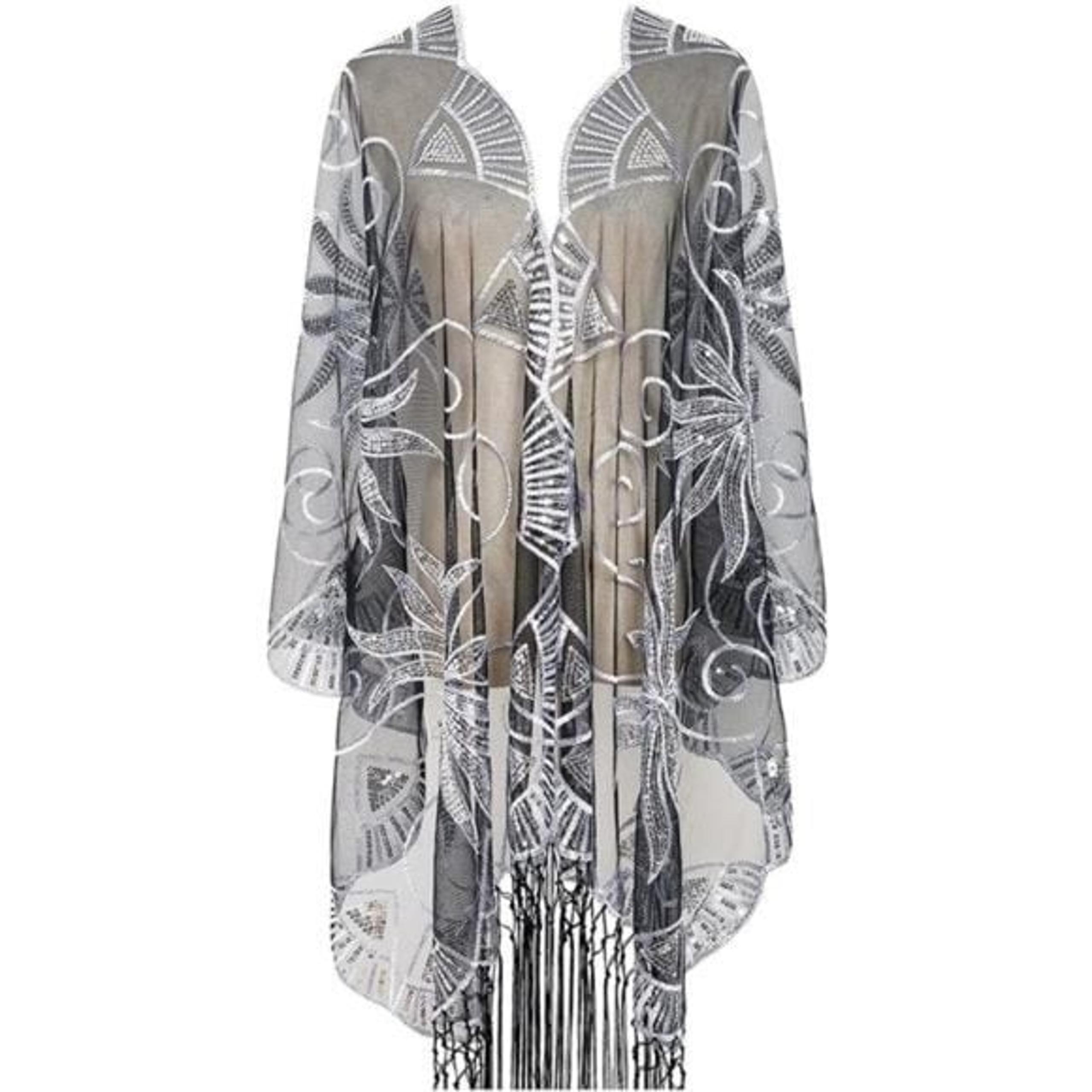 Black Silver Lace Sheer Mesh Sequin Embellished Wedding Evening Shawl Wrap Scarf