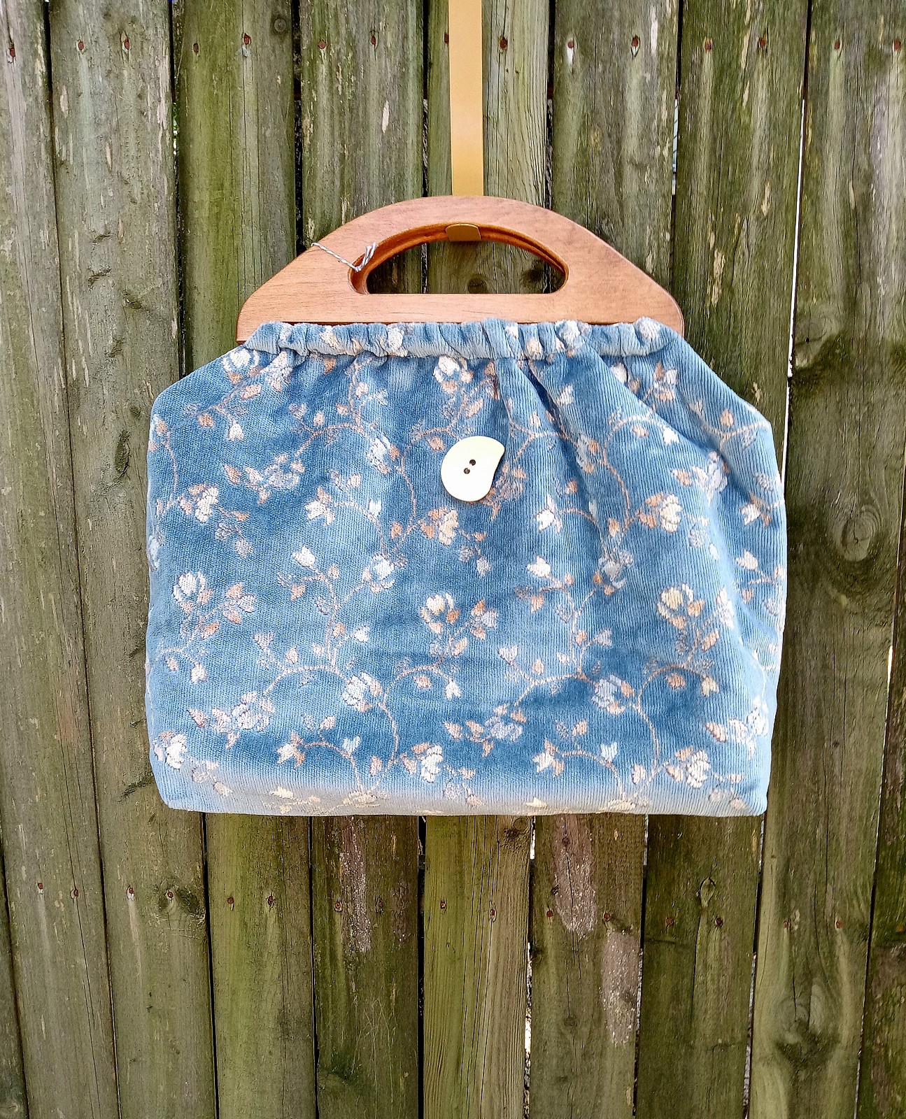 Blue Chenille Knitting Crochet Bag, Wooden Handles