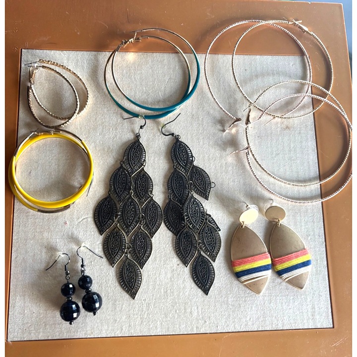 Mixed Earring Set With Gold Hoops Black Leaf Dangles Yellow Bangles & Colorful T