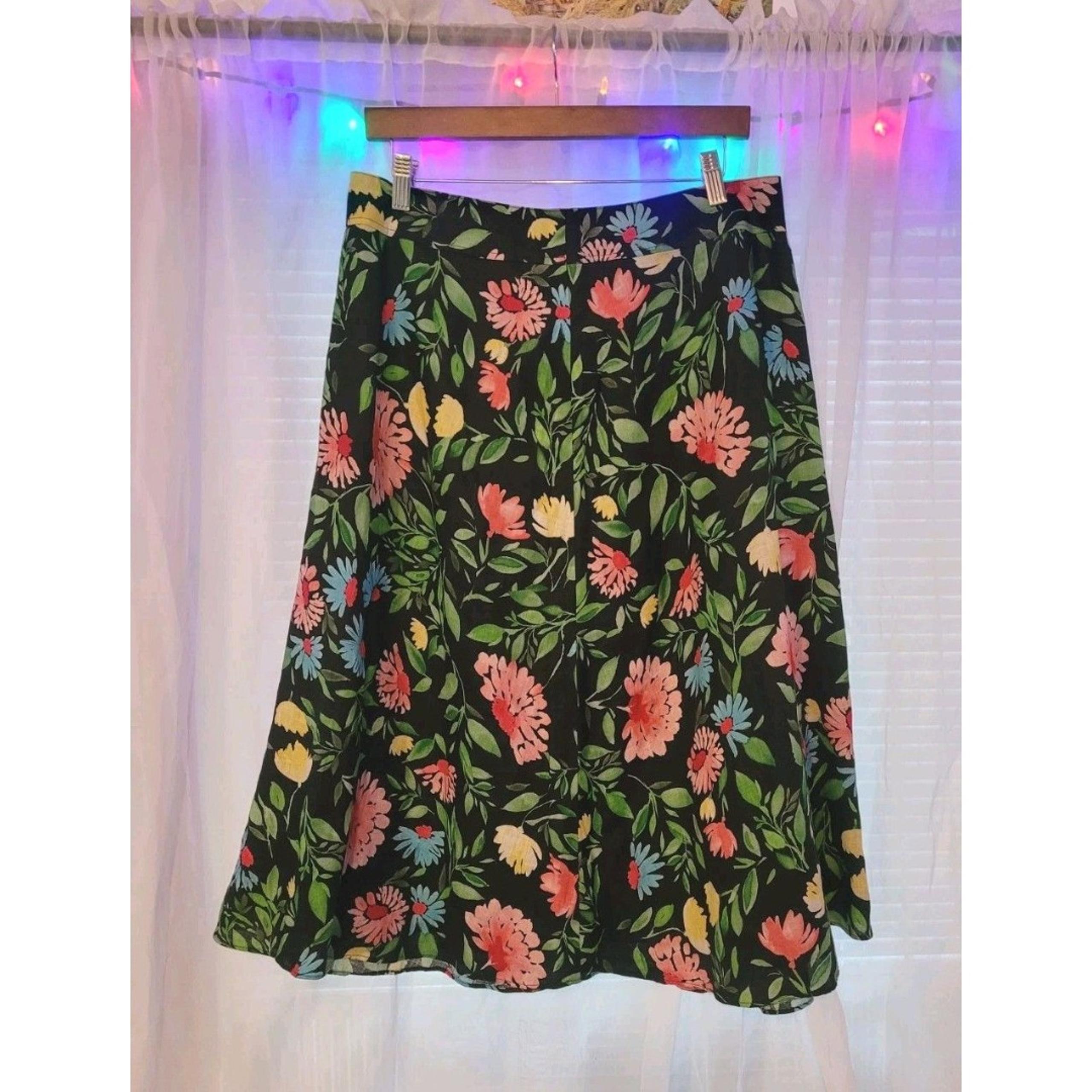 Liz Claiborne Floral 100% Linen Midi Skirt Womens Size 12 Muticolor Vintage