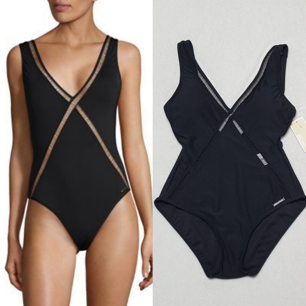 Michael Kors Black Sheer Crossed Lattice Deep V-neck Low Back One-piece Swimsuit