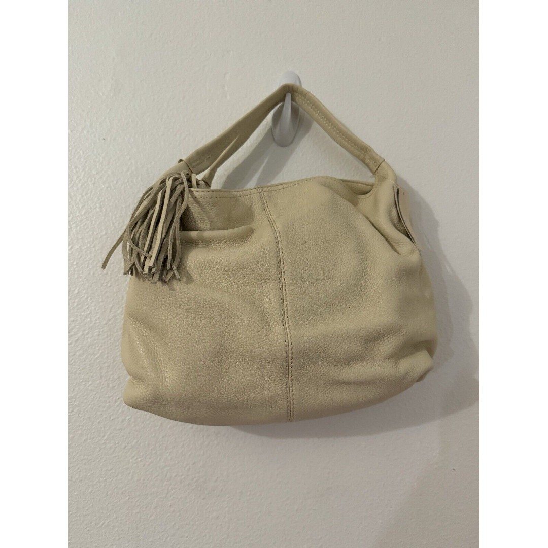 Coldwater Creek Handbag Hobo Slouchy Handle Cream Pebbles Leather New Tassel