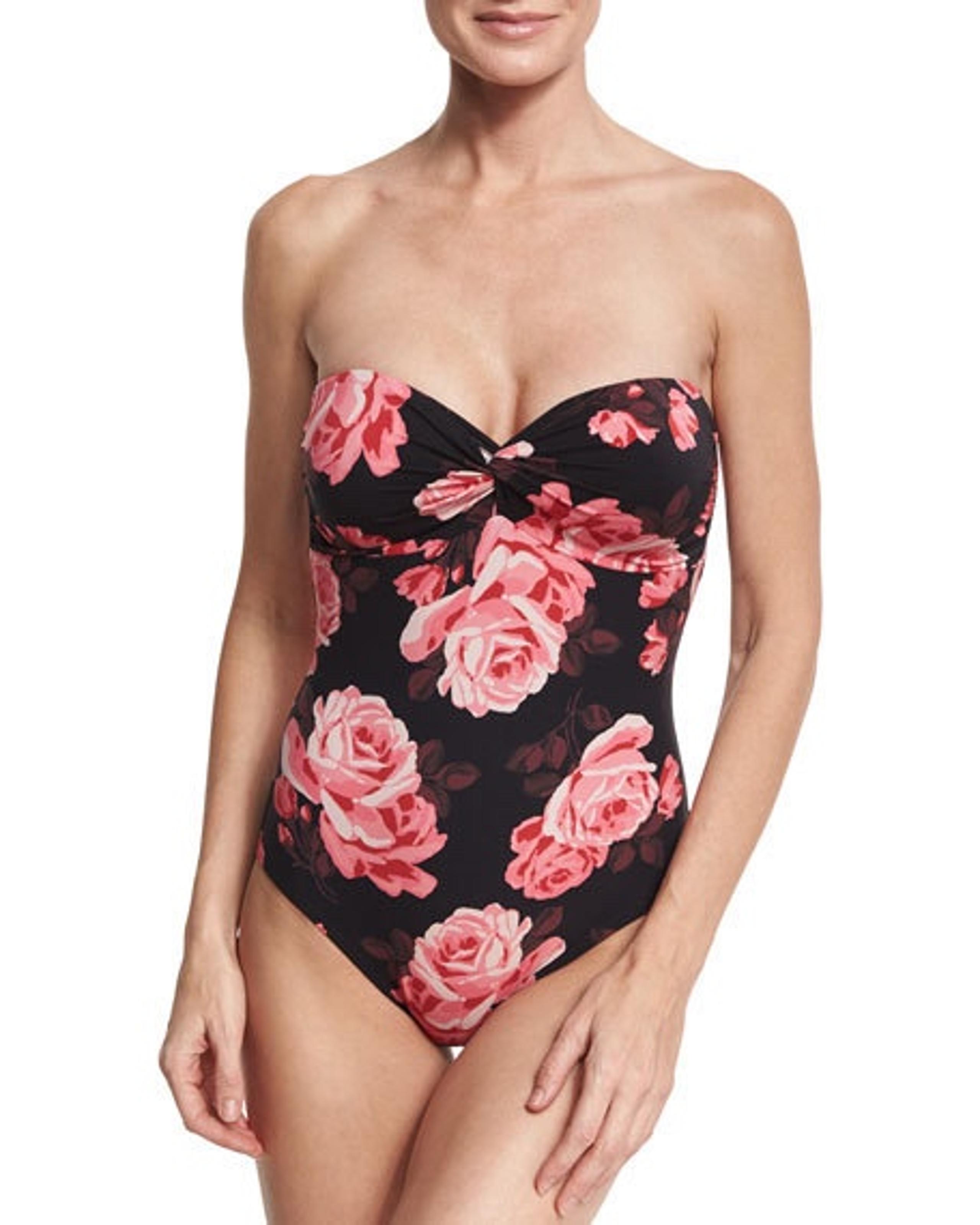 KATE SPADE ROSE PRINT 1 PC BANDEAU SWIMSUIT BLACK PINK SIZE S