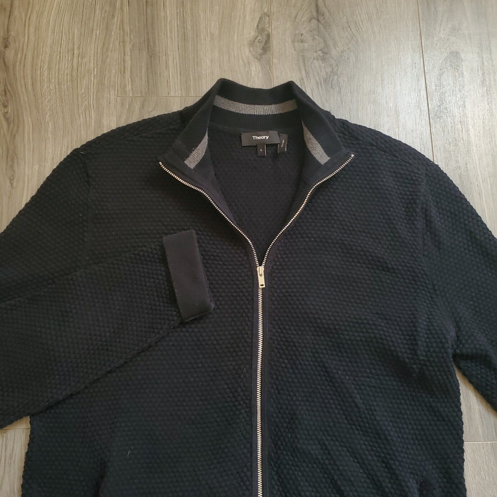 Theory Sweater Full Zip Men's L Black Cotton Texture Designer Classic Minimalist