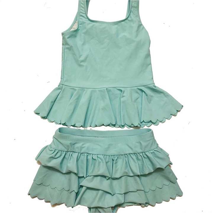 Hanna • Sz 140/10 Green Scalloped Ruffle Swim Tankini Set