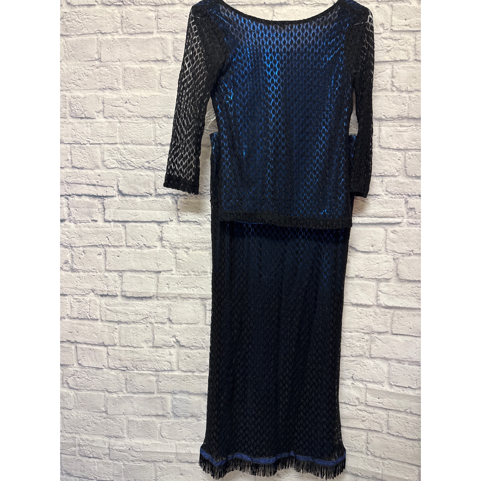 Trixxi Vintage 90s/Y2K Blue & Black Metallic Lace 2 PC Maxi Skirt & Top Set SZ L