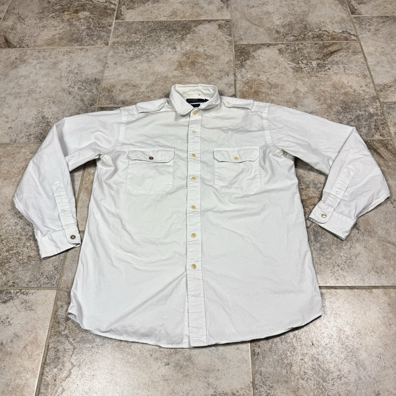Vtg Polo Ralph Lauren Shirt Mens M White Safari Military Epaulets Utility Sport