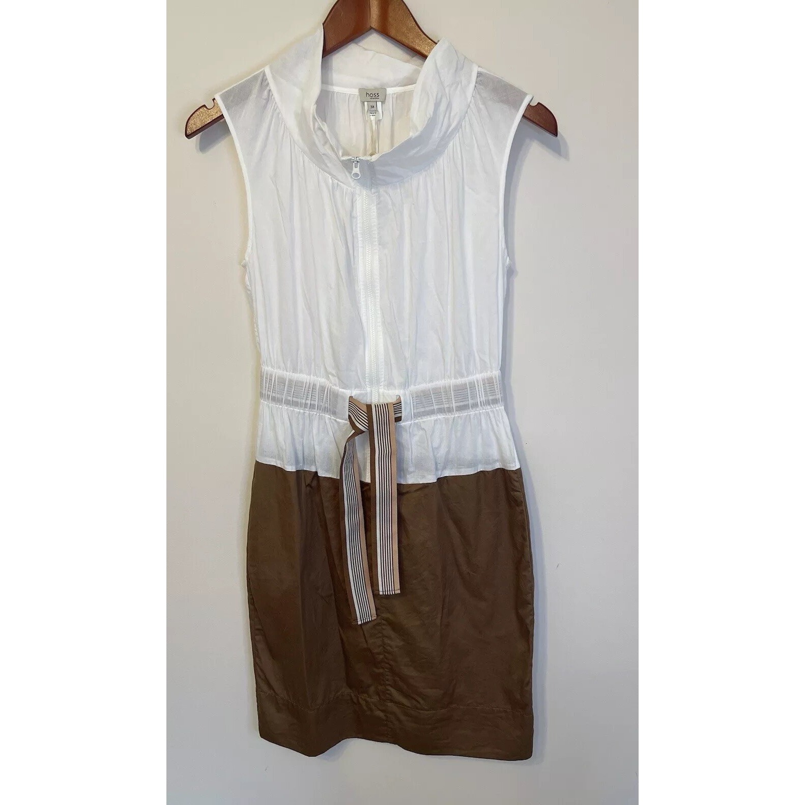 Hoss Intropia Dress White Brown Belted Sleeveless Spanish UK 38 US 6 Career
