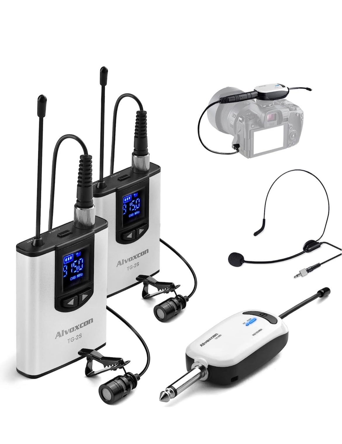 Alvoxcon Wireless Headset Lavalier Microphone System Dual Wireless Lapel Mic for