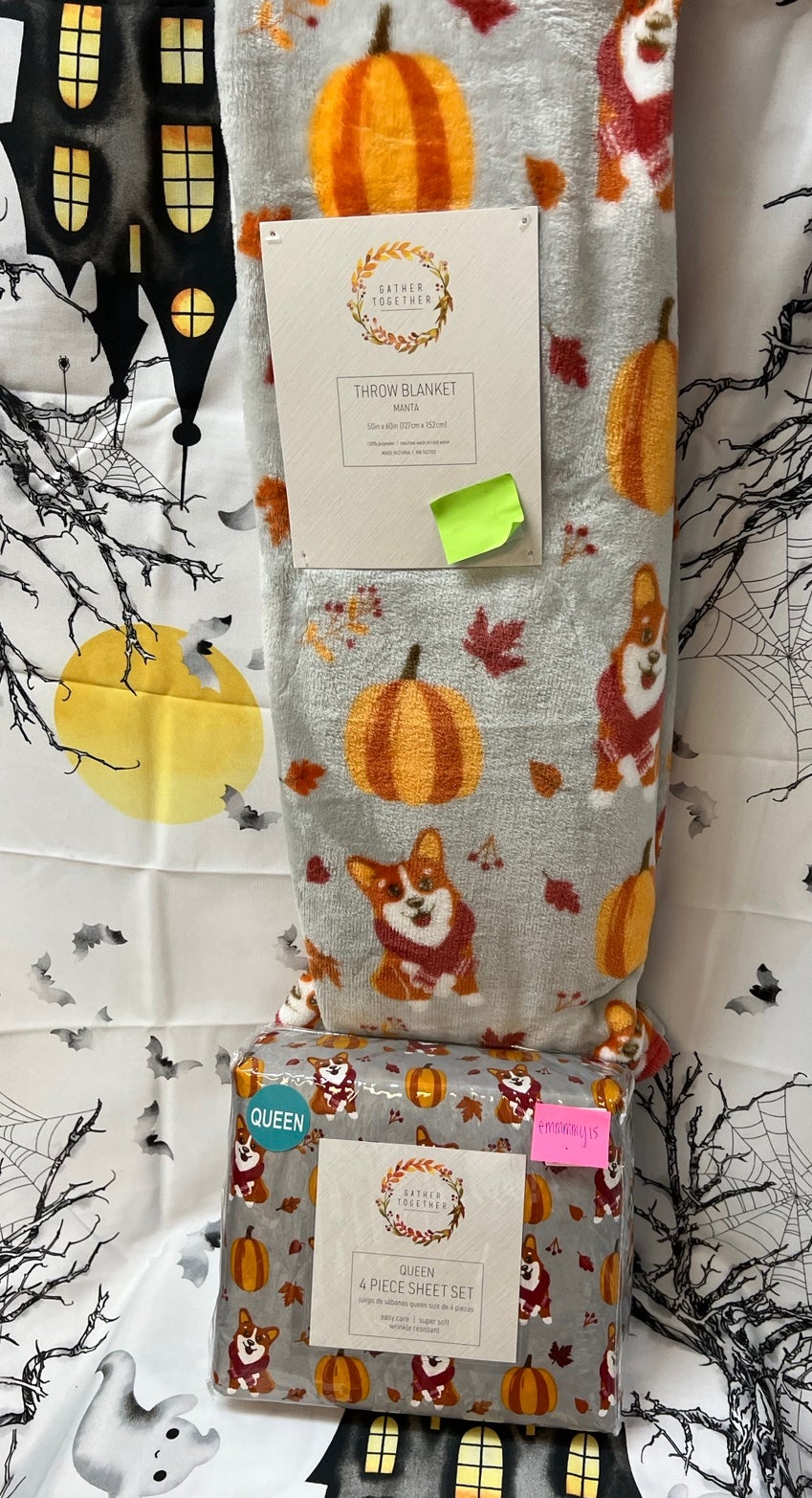 Corgi fall harvest queen sheet set & throw
