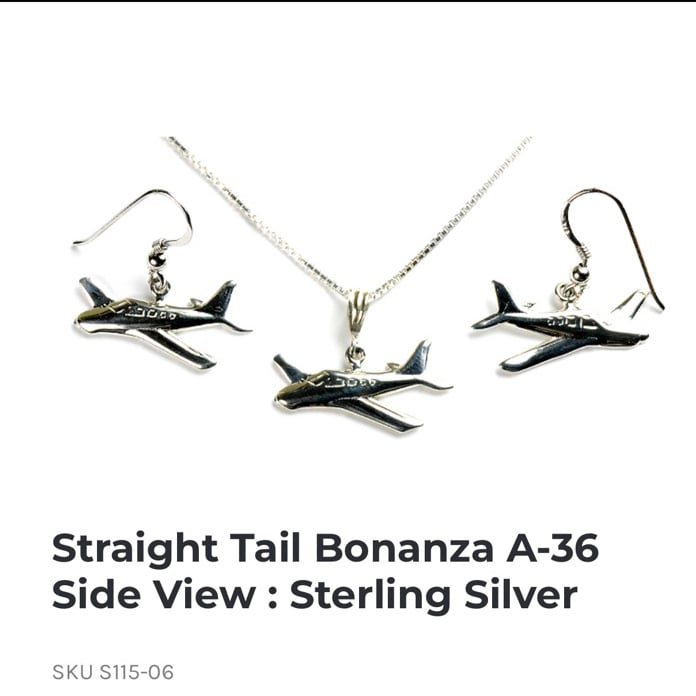 Aviation Jewelries Straight Tail Bonanza A-36 Sterling Silver earrings necklace