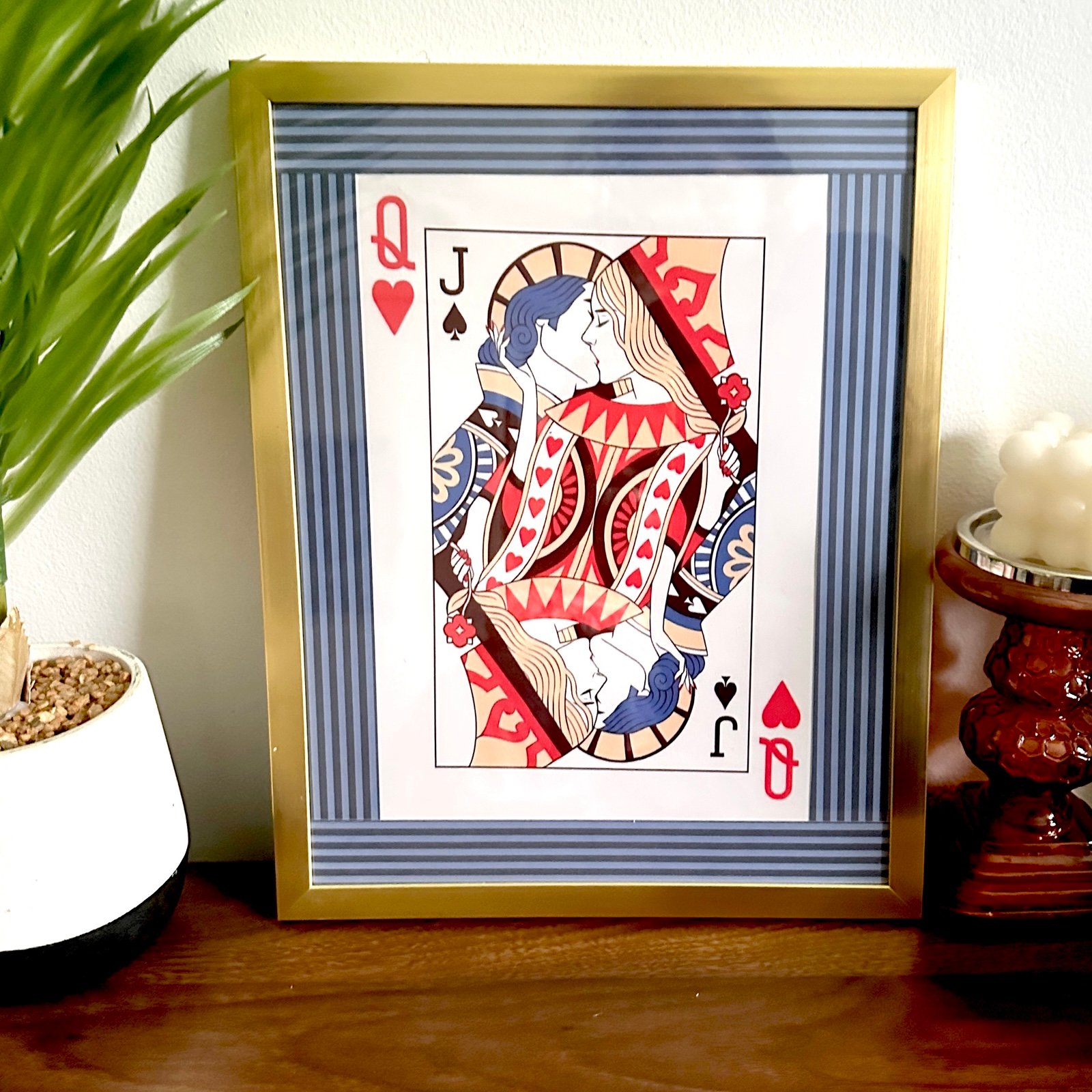 Jack Kissing Queen of Hearts Canvas Print Gold Framed Playing Cards Gambling Art