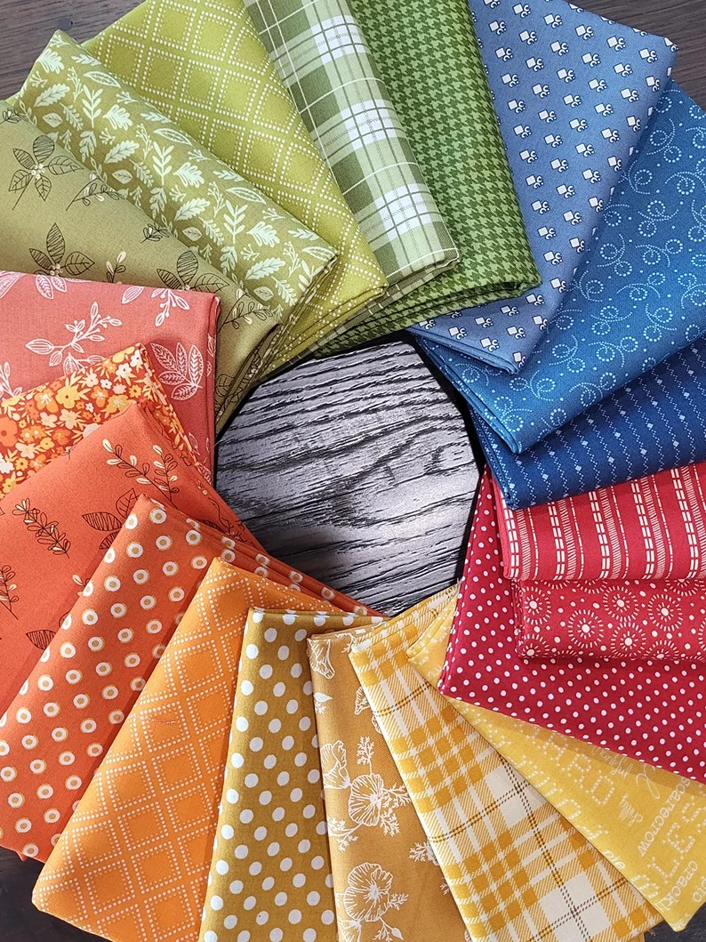 Colorful Country Charm fat quarters fabric bundle of 20. Fresh, fun, vintage far